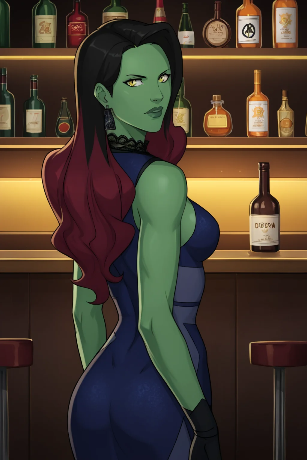 PonyXLV6_Scores BREAK (parody, perfect anatomy, perfect eyes, absurd resolution, cowboy shot) <lora:add-detail-xl:1>, <lora:add_details_xl:0.8> BREAK <lora:Gamora_-_Marvel_Animation:0.8> gamora, solo, multicolored hair, long hair, black hair, red hair, colored skin, green skin, yellow eyes, flirting, ((looking back at viewer)), cyber dress, jewelry, tech necklace, tech earrings, lace fingerless gloves, medium breasts, toned, athletic, curvy, sexually suggestive pose, standing at luxurious bar, indoors