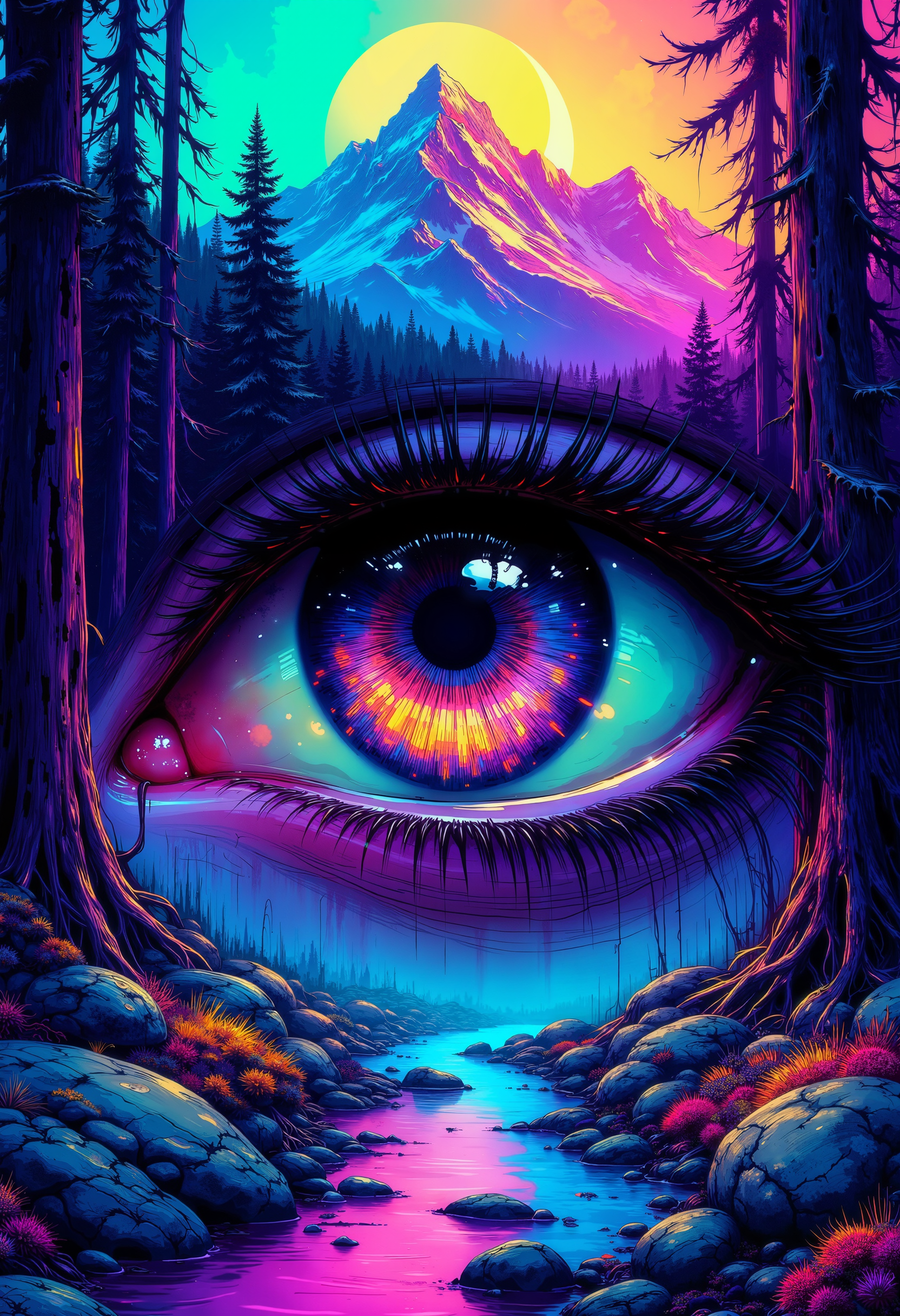 A digital cyberpunk art splash in the style of bo-cyborgsplash, a close-up of an eye with long eyelashes, set against a serene forest scene featuring a stream and mountains, fantastic abstract colorful art splash, high quality, ultra detailed.<lora:boFLUX Cyborgsplash.safetensors:1.0:1.0>