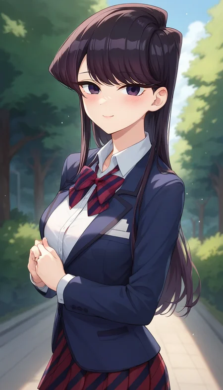 score_9,score_8_up,score_7_up,score_6_up BREAK official art,solo,outdoors,upper body,(portrait:1.5),looking at viewer,facing viewer,smile,blush,Komi Shouko,long hair,black hair,sidelocks,swept bangs,black eyes,school uniform,blue jacket,blazer,collared shirt,white shirt,red bowtie,striped bowtie,diagonal-striped bow,medium breasts,skindentation,long sleeves,red skirt,pleated skirt,striped skirt,black pantyhose,loafers,<lora:Komi Shouko(kcc)-Pony:1.2>,