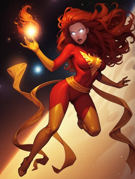 score_9, score_8_up, score_7_up,score_6_up, score_5_up, score_4_up , 1girl, solo,
large breasts,
DarkphoenixDG,
long hair, white eyes, red hair, glowing eyes, no pupils,
yellow sash, skin tight, multicolored bodysuit, red bodysuit, latex, yellow gloves, yellow footwear, high heel boots,
space, galaxy,
open mouth, half closed eyes,
light particles, magic, ((fire)), fiery hair,pyrokinesis,
full body, floating hair,
<lora:Dark Phoenix DG PonyXL V1-000003:1>