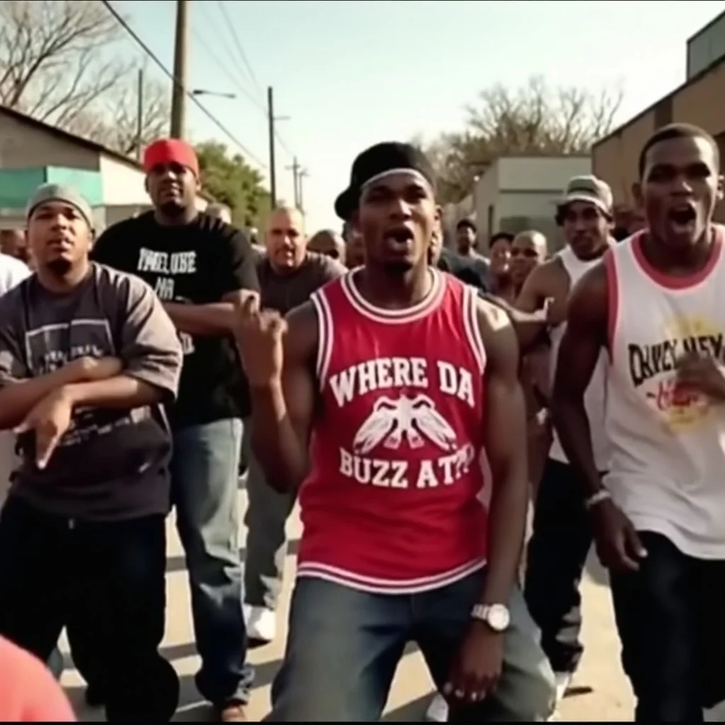 Angry mob of Gangster rappers are wearing tank tops and hip hop attire in the street. The main character is shouting "Where da BUZZ at?!" to the camera. It's sunny in an urban poor neighborhood setting and a couple of menacing back ground figures compliment the image.