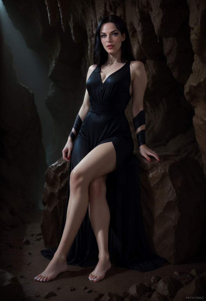 score_9, score_8_up, score_7_up, score_6_up, score_5_up, full body, Shelob a woman sitting arrogantly on a rock in a cave, leg crossing, barefoot, evil, mastermind, long black dress, spiral arm laces, long layered jet black hair, sexy, seductive, in a cave, dynamic lighting, dynamic angle, good contrast lighting, Chiaroscuro Lighting Style, ominous lighting, spiders, <lora:Shelpony:1>,<lora:add-detail-xl:0.65>,<lora:MJ52_v2.0:0.7>,<lora:Chiaroscuro Lighting Style v3:1>