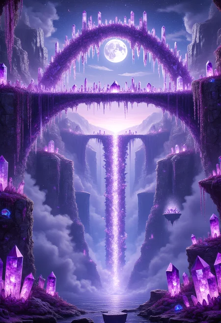 The Amethyst Bridge to Nowhere
A colossal bridge made of sparkling amethyst crystals stretches across a mist-filled abyss, disappearing into the fog on either side. The bridges surface is smooth and faceted, refracting the pale light of a rising moon into prismatic beams. Along the sides, glowing amethyst lanterns hover without support, casting eerie violet light on the scene. Strange crystalline plants grow along the edges, their glowing tendrils reaching into the air. The faint sound of wind chimes, as if coming from the crystals themselves, fills the atmosphere.