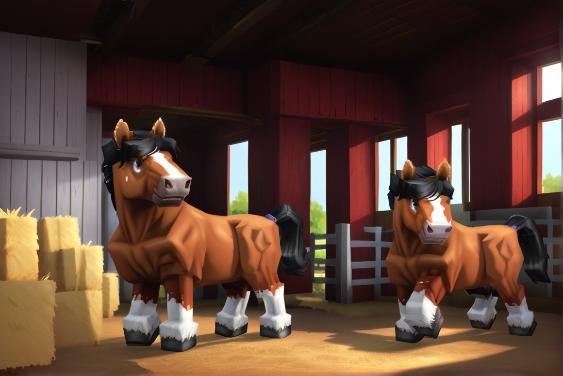 score_9, score_8_up, score_8,   <lora:Hytale_Style_for_PonyXL:1>  hyt4l3styl3, horse, farm,