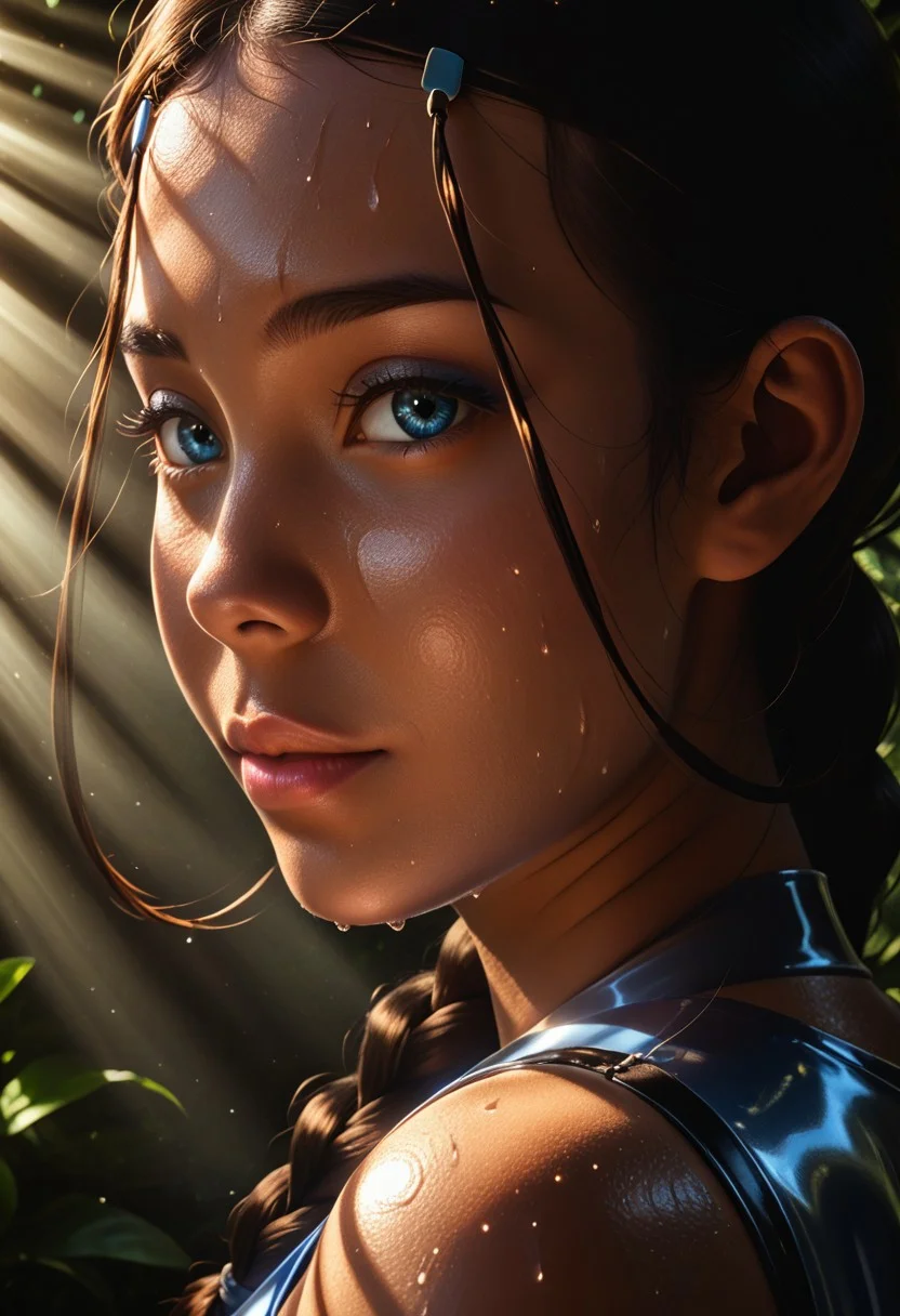score_9, score_8_up, score_7_up, realistic, realism, HD, perfect quality, 16k, very detailed, realistic lighting, photo, photorealistic, realistic detailed face, BREAK, (((good_hands))), (((bedroom eyes, (light smile:0.5)))), BREAK, solo, (katara, long hair, blue eyes, brown hair, black hair, hair ornament, hairclip, braid, single braid, braided ponytail, dark skin, dark-skinned female), eye_focus, solo, looking_at_viewer, ((sweaty skin:1.3)), lips, mint eyeshadow, sensual eyes, looking at viewer, nervous, seductive, medium body size, slightly small neck, plumb body, voluptuous hips and thighs, curvy body size, huge breasts, wide hips, microwaist, huge ass, nooganugnugs, perfect thighs, perfect legs, anatomically correct, (obese female: -1.5), (plump saggy breasts:0.5), pink nipples, (((metalic latex dressed, covered breasts, covered nipples))), BREAK, (from side:1.5). cute perky nose, tan skin,natural skin texture, (round face:1.2), skinny body, round ass, narrow waist, gluteal fold, garter belt, (stockings,skindentation). standing, rear view, (from below), leaning foward, butt sticking out, showing ass, big ass, curvy, looking at viewer, BREAK cinematic shot, dynamic lighting, detailed background, dynamic angle, volumetric lighting, ultra realistic, film grain, gods rays