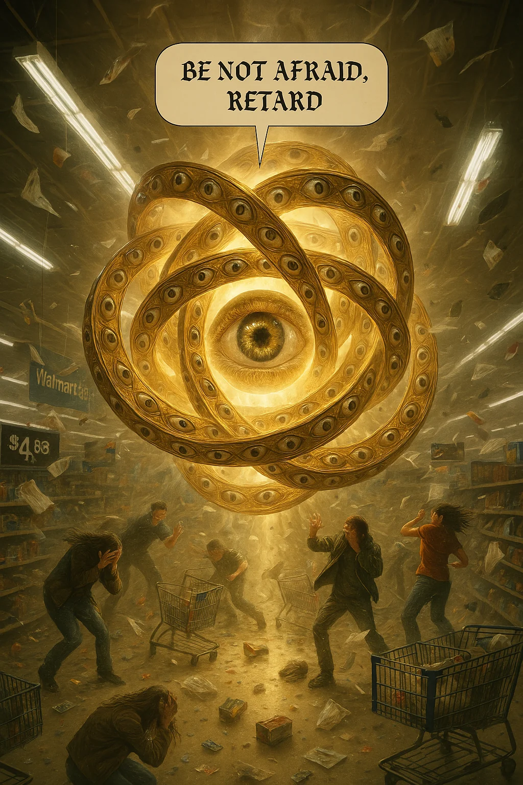 A hyper-realistic cinematic image of a Biblically accurate angel (Ophanim-type) hovering in the center aisle of a Walmart. The angel is formed by several massive, golden, interlocking rings, each ring rotating slowly and impossibly through the others. These rings are embedded with rows of lifelike, human eyes, each one blinking, shifting, and scanning in separate directions—alive, reflective, and unnervingly aware.

At the exact center of the ring structure floats a single enormous human eye—realistic and organic, fully open, gazing outward with terrifying intelligence. The central eye appears wet, alive, and focused—its motion slow but deliberate, as if observing everything at once. It glows from within with faint golden light, matching the radiance of the rings that orbit it. A speech bubble with text, "BE NOT AFRAID, RETARD" coming from it, in Olde English Font. 

The angel emits overwhelming light and force. A wind vortex spins through the store, hurling plastic bags, packaging, and products into the air. Fluorescent lights flicker and shatter, signs rattle on their mounts, and shopping carts roll and tip over. Shoppers nearby are caught in motion—some shielding their eyes, others stumbling or crawling to escape, their hair and clothing blown violently by the presence.

Despite its horror, the angel retains a sense of divinity: its symmetry, light, and order suggest it is not evil—only far beyond human comprehension.

Style: Hyper-realistic cinematic lighting and detail
Setting: Inside a Walmart—aisles, branded signs ($4.88), debris, familiar environment
Angel Design: Multiple golden rotating rings with embedded blinking human eyes, and one massive, organic central human eye in the middle
Effects: Wind vortex, flickering lights, flying plastic and grocery packaging, bystanders in awe or terror
Mood: Holy terror, divine and alien, reverent and frightening
Exclude: No humanoid figure, no fantasy wings or swords—pure biblical abstraction grounded in physical realism