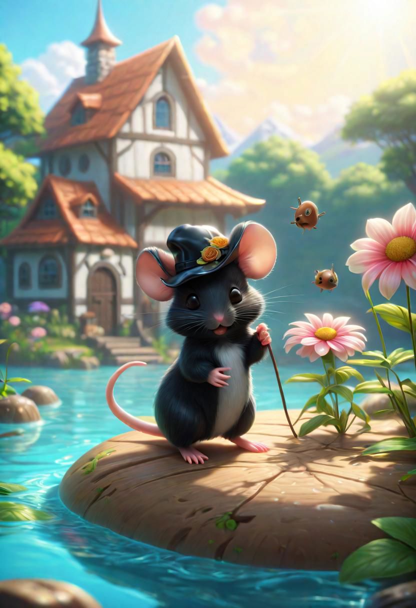 ral-fluff,<lora:ral-fluff:1>,
chibi,masterpiece,best quality,original,official art,black metallic fantasy mice,hat,flower,blurred background,rendering,beautiful detailed glow,(detailed ice),beautiful detailed water,sunny, blurred flower, happy, stand in Front of a House made of cheese