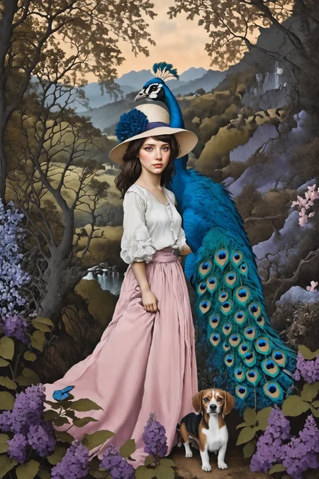 (Style of Maxfield Parrish and Alec Soth and Daniel Arsham),master award winning works,
wide_shot,hyperkraximalism,outline,nib_pen,dreamlike,
1girl 1peacock and 1beagle,((solo)),long hair,large_hat,long skirt,a midnight wonderland scene,spiritual (lightsalmon) violet and (steelblue) world maxfield,fluorescent glowing forests,
Pictorial surrealism symbolism,Three-Dimensional artistic collage,half is raw photo and half is raw painting,<lora:Amandine_Urruty2:1>,<lora:Perfect Hands:1.2>,Perfect Hands,
<lora:SDXLFaeTastic2400:0.4>,huge filesize,extremely detailed performance,incredibly absurdres,extremely complex composition,<lora:illusionix:0.2>,<lora:MJ52:0.3>,<lora:DD-pnte-neg-v1:-2>,<lora:quality1:1>,