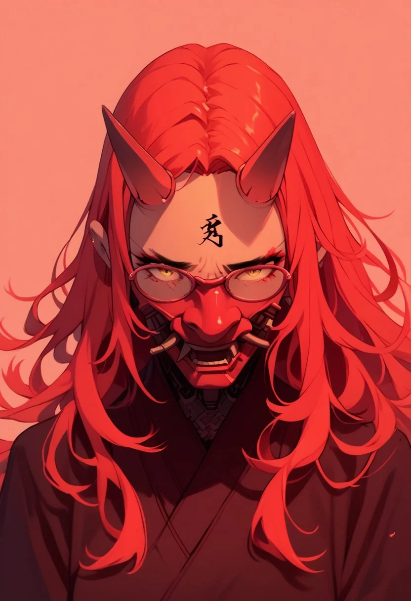 score_9, score_8_up, score_7_up, score_6_up, score_5_up, score_4_up,
Sinozick, 1girl, long hair, red hair, simple background, glasses, red aesthetic, oni mask,