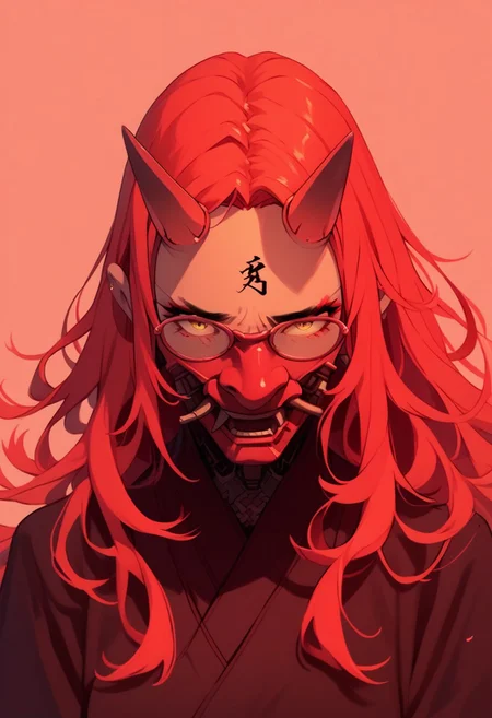 score_9, score_8_up, score_7_up, score_6_up, score_5_up, score_4_up,
Sinozick, 1girl, long hair, red hair, simple background, glasses, red aesthetic, oni mask,