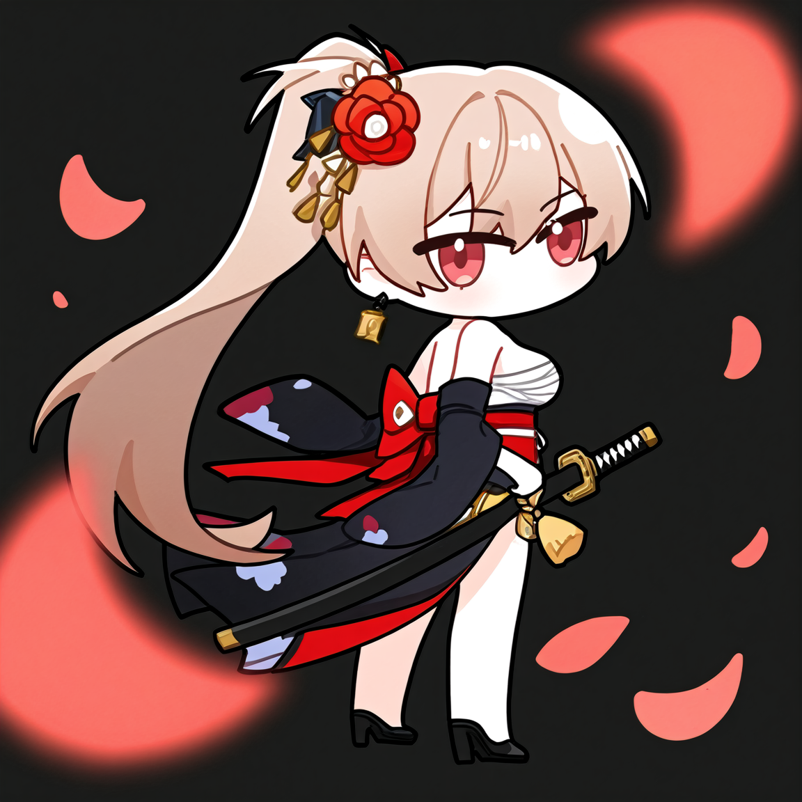 chibi, snowbreakmeme, snowbreak_chibi,jean bart \(azur lane\), 1girl, kimono, japanese clothes, sarashi, solo, black kimono , black background, earrings, jewelry , sash, official alternate costume, high ponytail, long hair, high heels, obi , full body, katana, looking at viewer, hair ornament, red sash, flower, breasts, standing, floral print, simple background, print kimono, hair flower, bare shoulders, ponytail, red flower, looking back, medium breasts, sheath, from behind, brown hair, black footwear, alternate costume, sheathed, petals, very long hair, sideboob, chest sarashi , \n<lora:snowbreakmeme_noobai_v1.0-000030:1>,