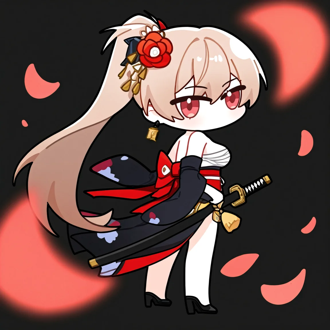 chibi, snowbreakmeme, snowbreak_chibi,jean bart \(azur lane\), 1girl, kimono, japanese clothes, sarashi, solo, black kimono , black background, earrings, jewelry , sash, official alternate costume, high ponytail, long hair, high heels, obi , full body, katana, looking at viewer, hair ornament, red sash, flower, breasts, standing, floral print, simple background, print kimono, hair flower, bare shoulders, ponytail, red flower, looking back, medium breasts, sheath, from behind, brown hair, black footwear, alternate costume, sheathed, petals, very long hair, sideboob, chest sarashi , \n<lora:snowbreakmeme_noobai_v1.0-000030:1>,