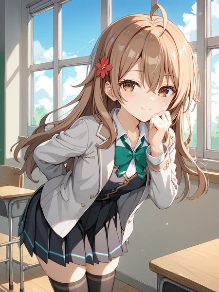 score_9, score_8_up, score_7_up, source_anime,
masha_ane, long hair, brown hair, ahoge, hair between eyes, hair red flower, hair ornament, brown eyes,
1girl, solo, full body, looking at viewer, cowboy shot, indoors, classroom, windows, blue sky, inviting,
light smile, leaning forward, arms at back, hand to mouth,
school uniform, grey jacket, open jacket, long sleeves, green bow, white shirt, collared shirt, black vest, button, black dress, black thighhighs,
<lora:hinaAlyaMashaYuki_wifu_v2:0.8>
