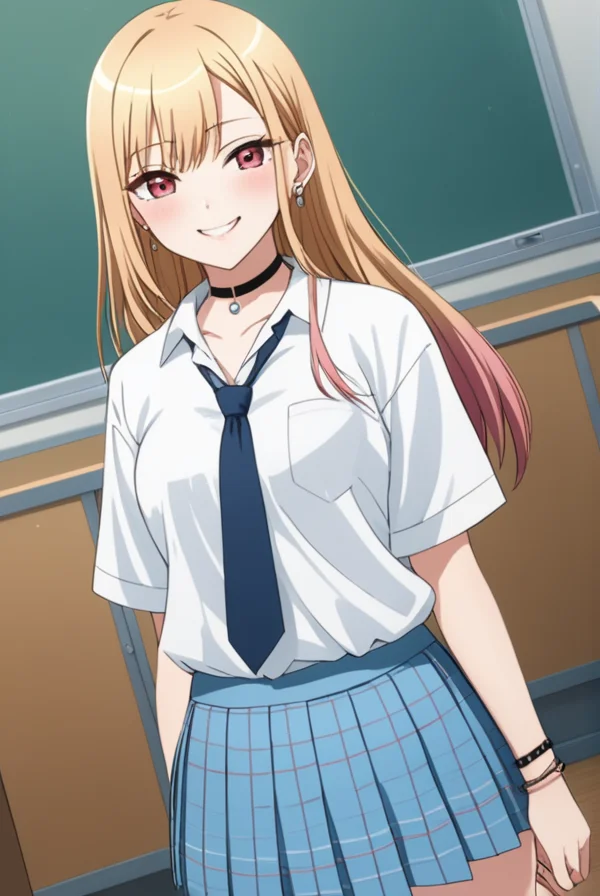 masterpiece, best quality, highres, 4k, 8k, intricate detail, cinematic lighting, amazing quality, amazing shading, soft lighting, Detailed Illustration, anime style,
marinkitagawa, <lora:marin-kitagawa-s1-sdxl-lora-nochekaiser:0.75>,
marin kitagawa, long hair, bangs, blonde hair, red eyes, multicolored hair, pink hair, smile,
skirt, shirt, jewelry, school uniform, white shirt, pleated skirt, earrings, necktie, choker, bracelet, blue skirt, plaid, black choker, plaid skirt, loafers, mini skirt, shoes,
indoors, classroom, v,
looking at viewer, dutch angle,