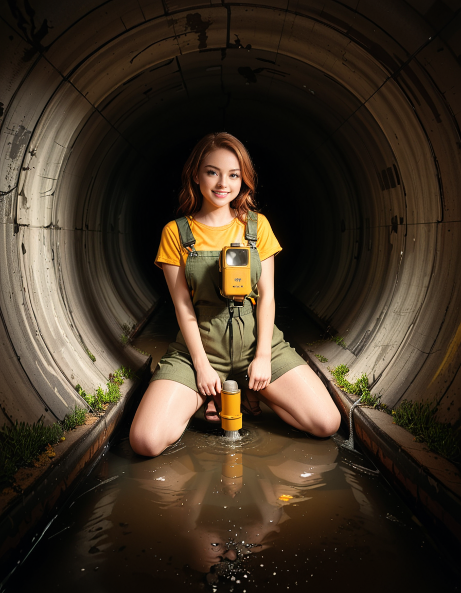 A young woman, April O'Neil, stands confidently in front of a large, circular sewer pipe,L4rg3 s3w3r p1p3. She has vibrant red, shoulder-length wavy hair and wears her iconic bright yellow jumpsuit with utility-style details, such as rolled-up sleeves and visible pockets. A brown utility belt is fastened around her waist. She holds a microphone or a small camera in one hand, highlighting her role as a journalist. Her expression is determined and slightly smiling, radiating courage and curiosity.
The sewer pipe behind her is massive and weathered, with green moss and moisture stains around its edges. The interior of the pipe is dark and shadowy, while the exterior is illuminated by soft natural light. There is a small puddle of water or wet ground in front of the pipe, reflecting faint light.
The background features an urban, industrial setting with worn brickwork surrounding the sewer opening, showing signs of age and decay. Small wild plants and grass grow around the base, adding a touch of nature to the scene.
The lighting is soft and dramatic, with natural sunlight streaming in and casting gentle reflections on the ground and inside the pipe. The image is styled as a semi-realistic illustration with vivid, bright colors for April O'Neil, contrasting with the muted, earthy tones of the background. The overall mood is adventurous and cinematic.<lora:SDXLFaeTastic2400:0.4> <lora:extremely_detailed:0.4> extremely detailed, <lora:L4rg3_s3w3r_p1p3:1>, Masterpiece,best quality,hi res,8k,hi res,8k,award winning,(sharp focus, intricate, highly detailed),