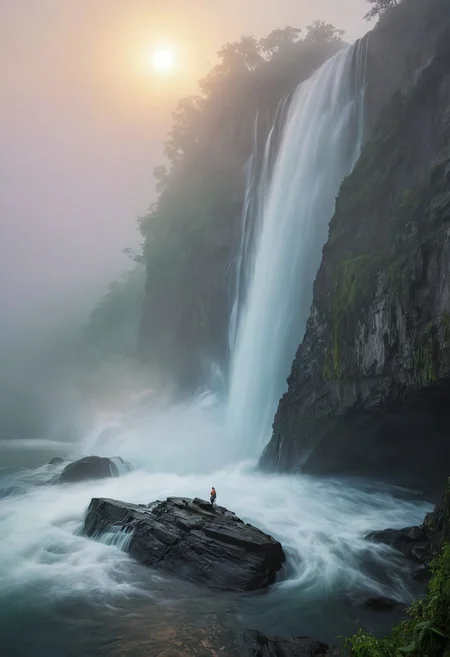 masterpiece, minimalism, (huge cliff:1.3) with (monolithic floating rocks:1.2) in twilight, (small silhouetted fisherman boat:1.1) on (realistic water:1.2), (perfect horizon:1.2), (fog:1.3) with (sun behind fog:1.2), (diffused sunlight:1.1), (fog rays:1.2), vibrant colors in sky, (2 color composition:1.0), low angle POV, serene atmosphere, high detail, cinematic lighting.long exposure of (water waves:1.3) cascading from a (huge waterfall:1.4) atop a (towering cliff:1.2), surrounded by (dense fog:1.3), ethereal atmosphere, soft light filtering through mist, (silky smooth water:1.2), intricate details of rocks, lush greenery framing the scene, tranquil mood, high detail, cinematic lighting, serene landscape, nature photography, inspired by (Ansel Adams:1.3).