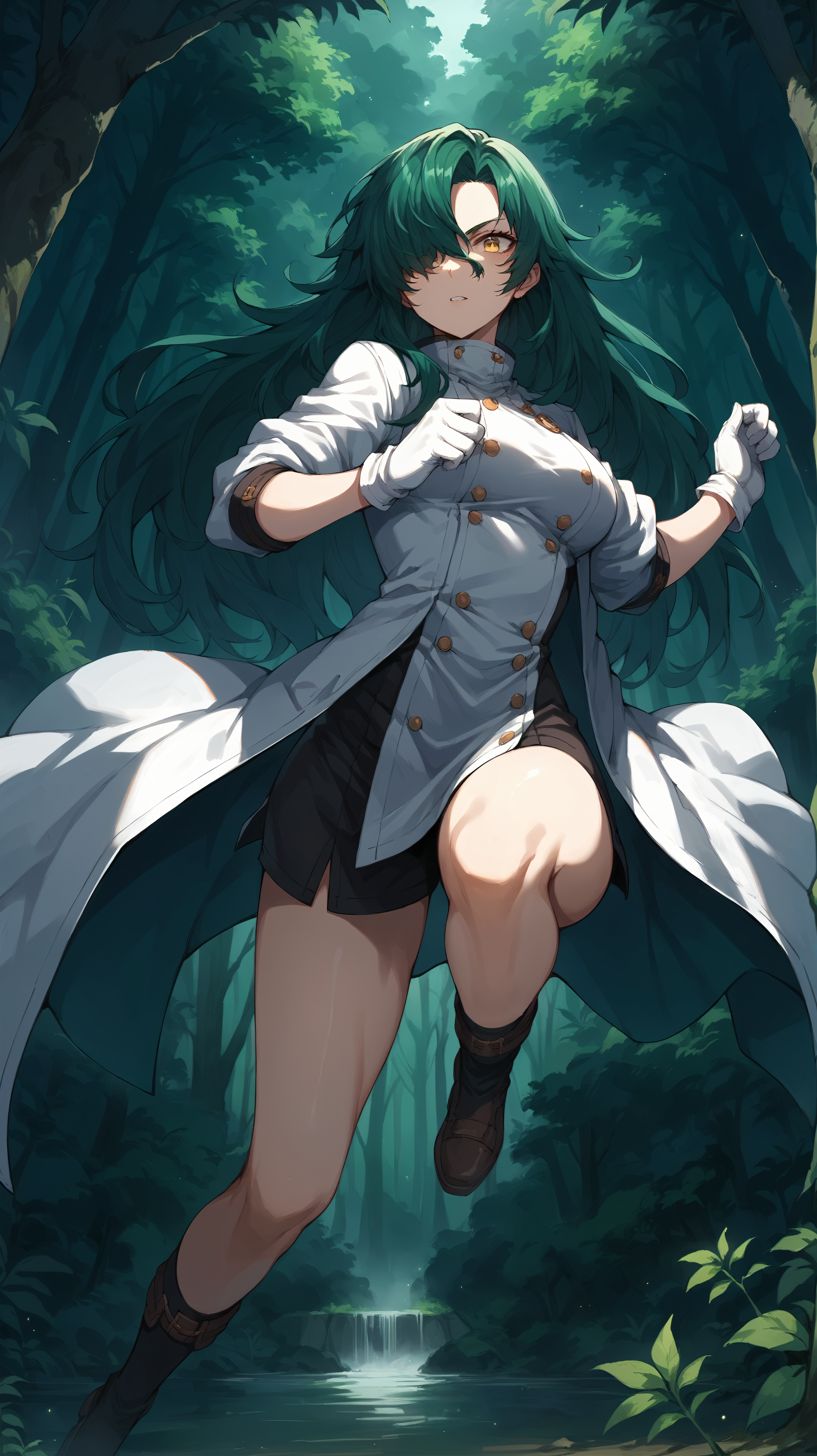 score_9,score_8_up,score_7_up,score_6_up, source_anime, zPDXL, <lora:xl_more_art-full_v1:0.5>, woman, dynamic pose,  <lora:Rose - Pony-000004:0.7>, long hair, green hair, yellow eyes, hair covering one eye, long coat, white coat, white gloves, (jumping), dense forest, vegetation, thick forest, dark forest, mist, foggy forest,