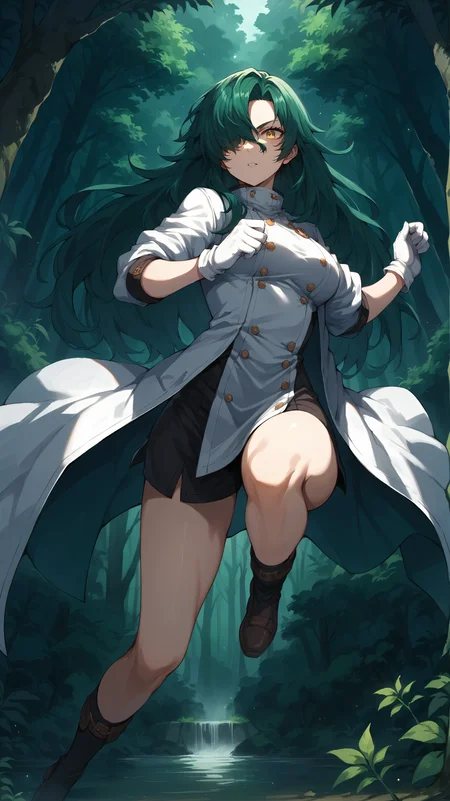 score_9,score_8_up,score_7_up,score_6_up, source_anime, zPDXL, <lora:xl_more_art-full_v1:0.5>, woman, dynamic pose, <lora:Rose - Pony-000004:0.7>, long hair, green hair, yellow eyes, hair covering one eye, long coat, white coat, white gloves, (jumping), dense forest, vegetation, thick forest, dark forest, mist, foggy forest,