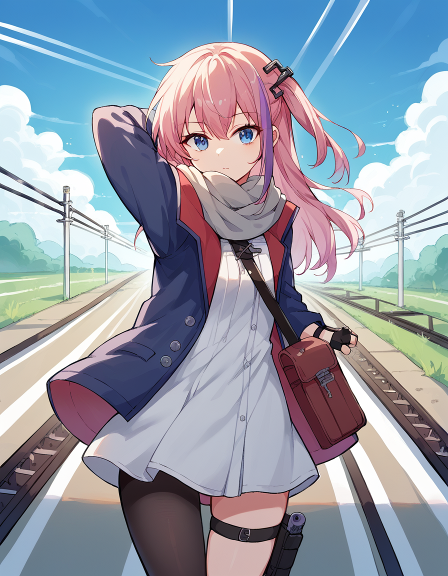 score_9, score_8_up, score_7_up, source_anime, <lora:girlsfrontline-st-ar-15-ponyxl-lora-nochekaiser:1>, st ar-15, blue eyes, hair ornament, long hair, multicolored hair, one side up, streaked hair, pink hair, purple hair,, asymmetrical legwear, black pantyhose, black socks, dress, fingerless gloves, gloves, grey scarf, holster, jacket, pantyhose, scarf, shirt, single leg pantyhose, single thighhigh, strap, thigh holster, thigh strap, thighhighs, uneven legwear, white shirt,, railroad tracks, rails, train, journey, long, , hand behind head, , looking at viewer, solo,, dutch angle, cowboy shot