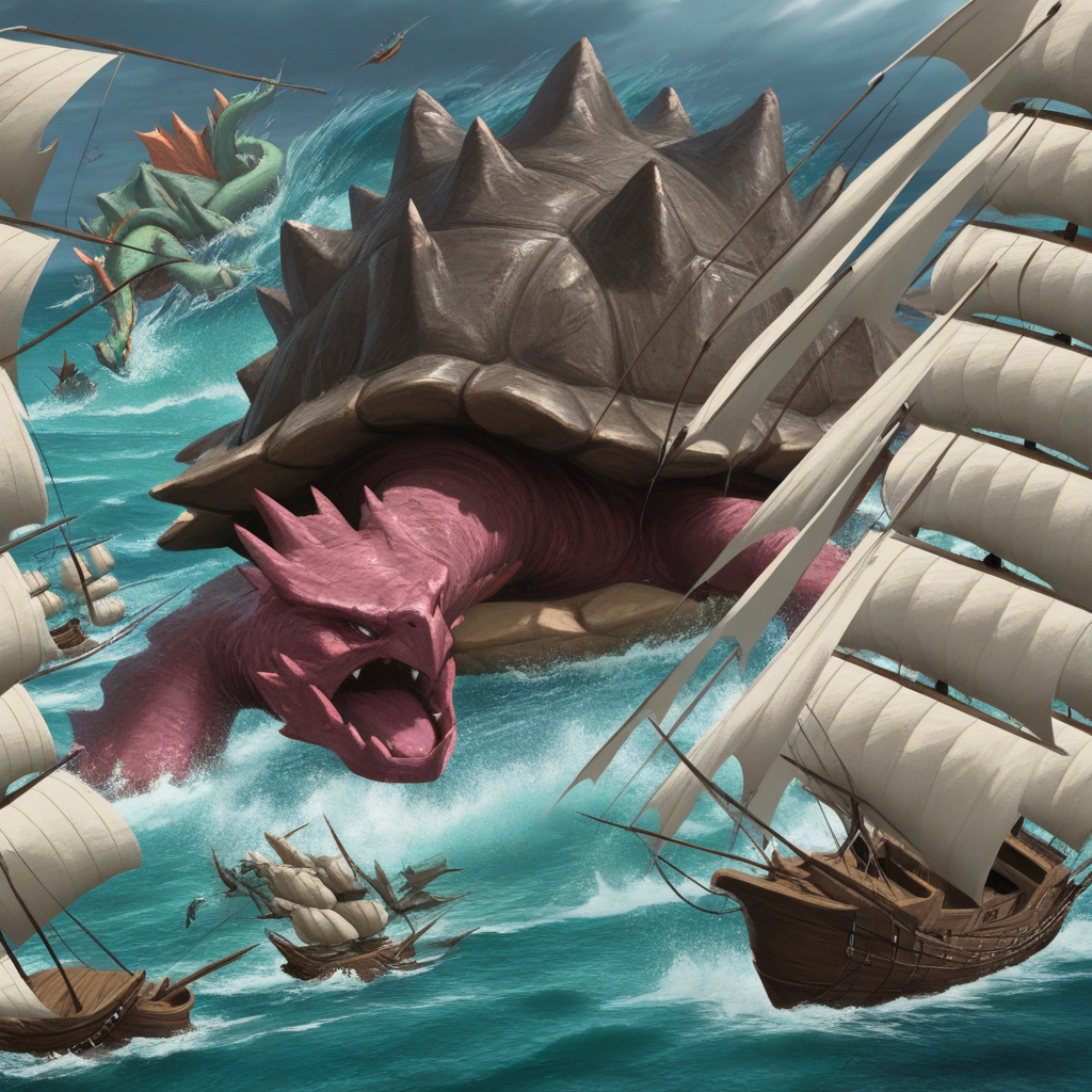 masterpiece, best quality, newest, absurdres, highres, DTV1.0, Turtle, Dragon,  pokemon (creature), monster, no humans, ocean, water, ship, battle,