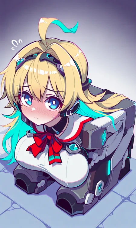 1girl, solo, (ralmia\(shadowverse\), blonde hair, blue eyes, long hair, ahoge, multicolored hair, hair ornament, aqua hair,),  ((tomoshibi_hidekazu )), (imazawa ),, [[nada haruka]],general, masterpiece, best quality, looking at viewer,(boxification:1.5), blush