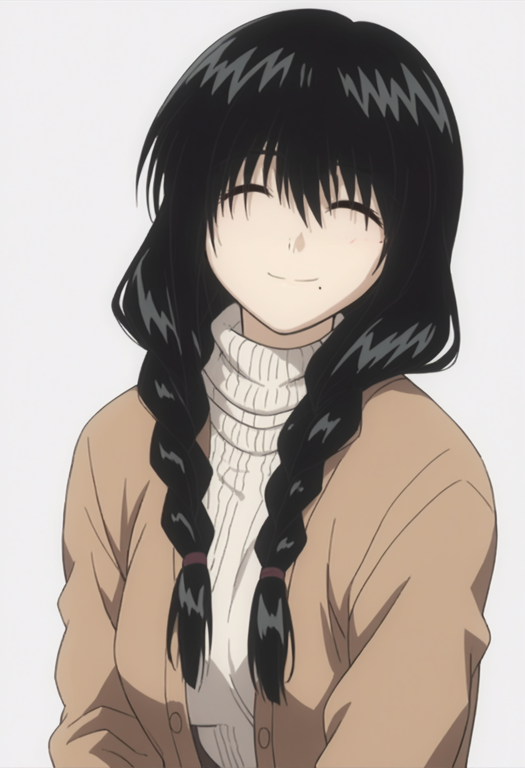 score_9, score_8_up, score_7_up, source_anime, BREAK  white background, cowboy shot, looking at viewer,  1girl  <lora:DX888Ohno-10:1> kanako ohno, long hair, black hair, cardigan, white sweater, mole,  smile, twin braids, closed eyes, blush, mole under eye, heands on hair
