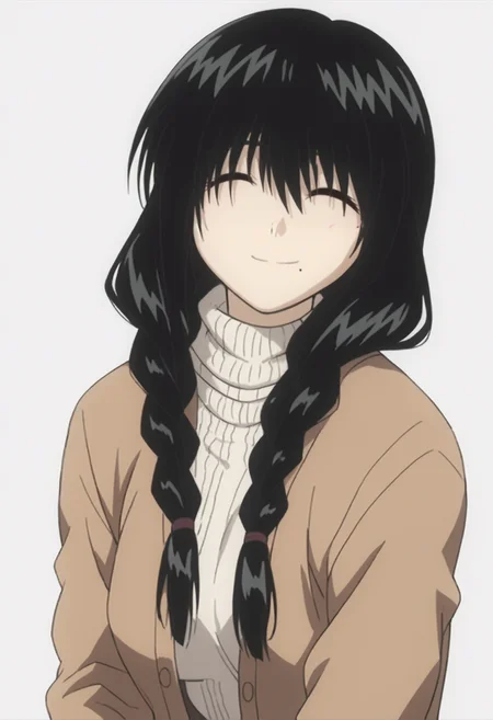 score_9, score_8_up, score_7_up, source_anime, BREAK  white background, cowboy shot, looking at viewer,  1girl  <lora:DX888Ohno-10:1> kanako ohno, long hair, black hair, cardigan, white sweater, mole,  smile, twin braids, closed eyes, blush, mole under eye, heands on hair
