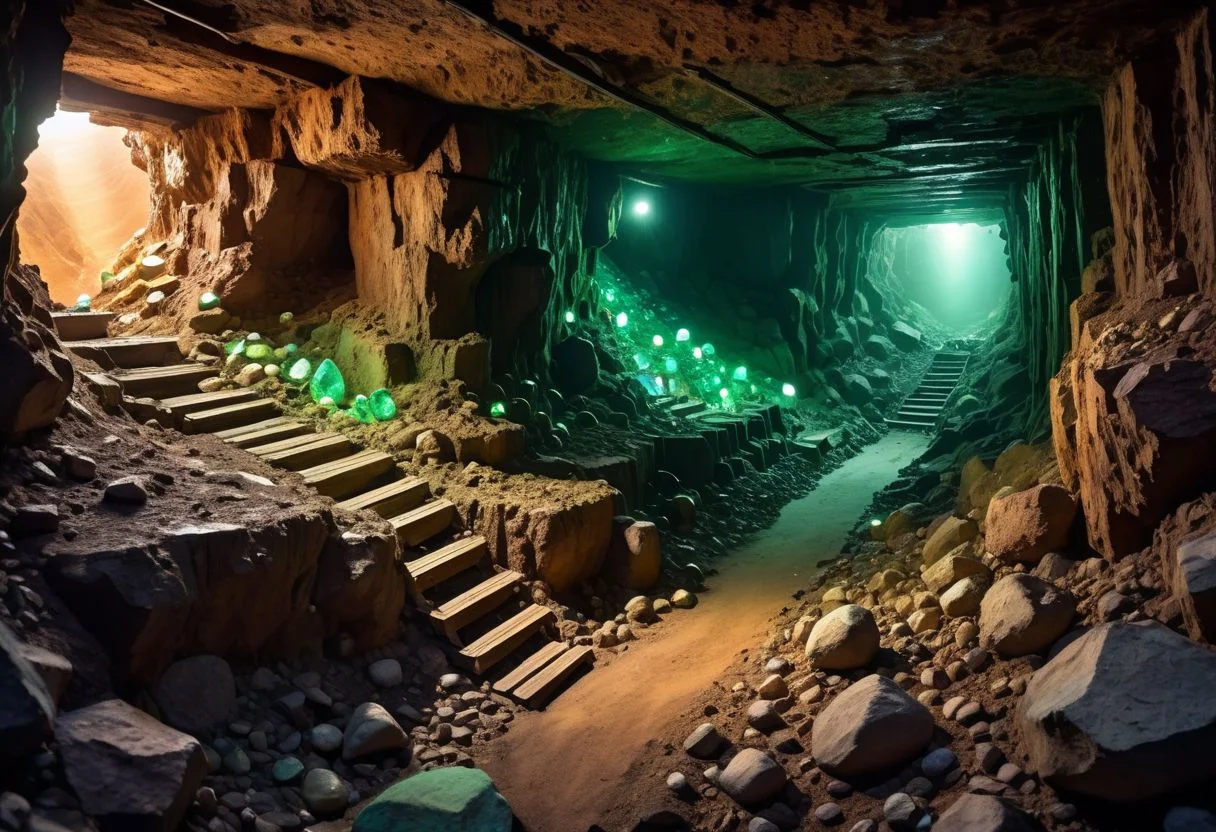 A deep mineshaft with a dwarf mining shiny gems, (earthen:1.2), brownish-green color tone,