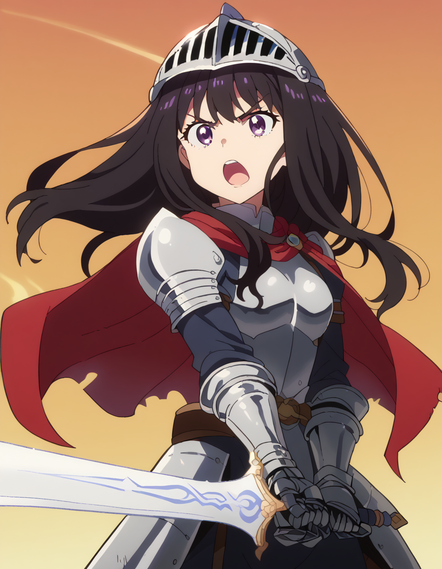score_9, score_8_up, score_7_up, source_anime, <lora:takina-inoue-s1-ponyxl-lora-nochekaiser:1>, inoue takina, long hair, bangs, black hair, purple eyes, mature female, small breasts, anime screencap, <lora:sunrise-stance-ponyxl-lora-nochekaiser:1>, sunrise stance, weapon, sword, solo, open mouth, holding weapon, holding, holding sword,, <lora:knight-ponyxl-lora-nochekaiser:1>, knight, armor, cape, shoulder armor, gauntlets, helmet, pauldrons, red cape,,
