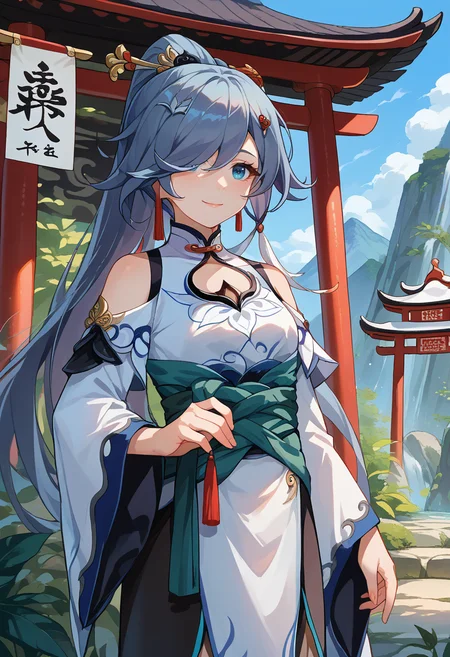 score_9, score_8_up, source_anime, HuaAzure, blue eyes, grey hair, long hair, hair over one eye, high ponytail, hairpin, tassel earrings, white hanfu, green sash, wide sleeves, shoulder cutout, cleavage cutout, outdoors, shrine, smile, <lora:ChamFuHuaPonyXL:1>