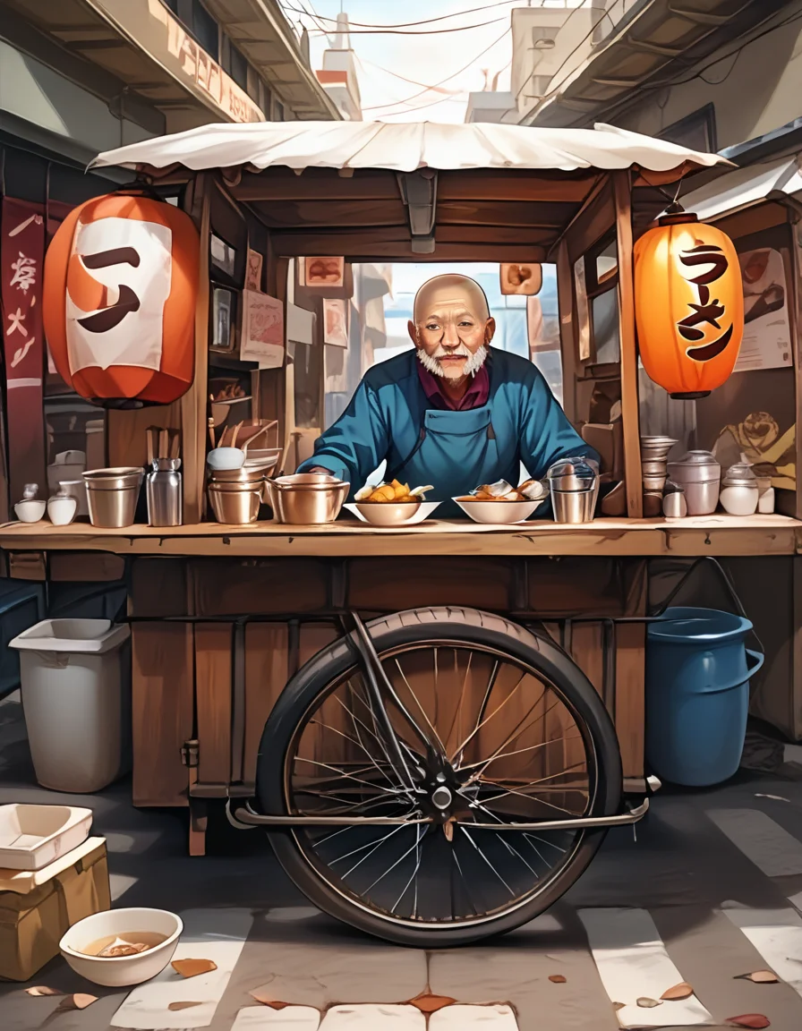 score_9, score_8_up, score_7_up, source_real,realistic, photorealistic, BREAK <lora:detailed_notrigger:1> <lora:zy_Detailed_Backgrounds_v1:1> extremely detailed, detailed background,
RamenMarketStall, bald, 1boy, male focus, solo, apron, old, old man, realistic, cart, outdoors, jacket, facial hair, bicycle <lora:BDpony_RamenMarketStall_V1-5250:1>
