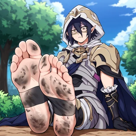 masterpiece, best quality, sharp aliasing, highly detailed, blue cape, armour, black gloves, outdoors, day, muddy ground, tree, bush, barefoot, toeless legwear, armoured legwear, stirrup legwear, 5 toes, Quality, High Definition, Full body view, solo, Tamaki Amajiki, pointy ears, dark blue hair, hair between eyes, hood, mask, male, male body, feet focus, feet, soles, dirty feet, sitting