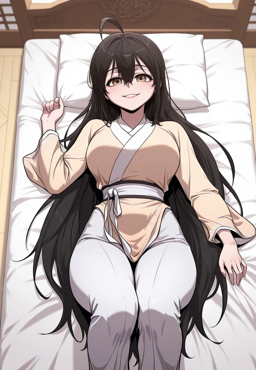 zPDXL3, score_9_up, score_8_up, score_7_up, ,Masterpiece,(perfect female body:1.2), small waist, (incredibly detailed:1.4), beautiful fingers, (large breasts:1.2) big breasts, looking at viewer, looking at viewer, <lora:Wi_Seol-Ah_-_Childhood_Friend_of_the_Zenith-Kaleid_Illustrious:1> wiseol-ah, 1girl, very long hair, black hair, brown eyes, ahoge, hair between eyes, chinese clothes, white pants, on back, from above, bedroom, knees up, smile, solo