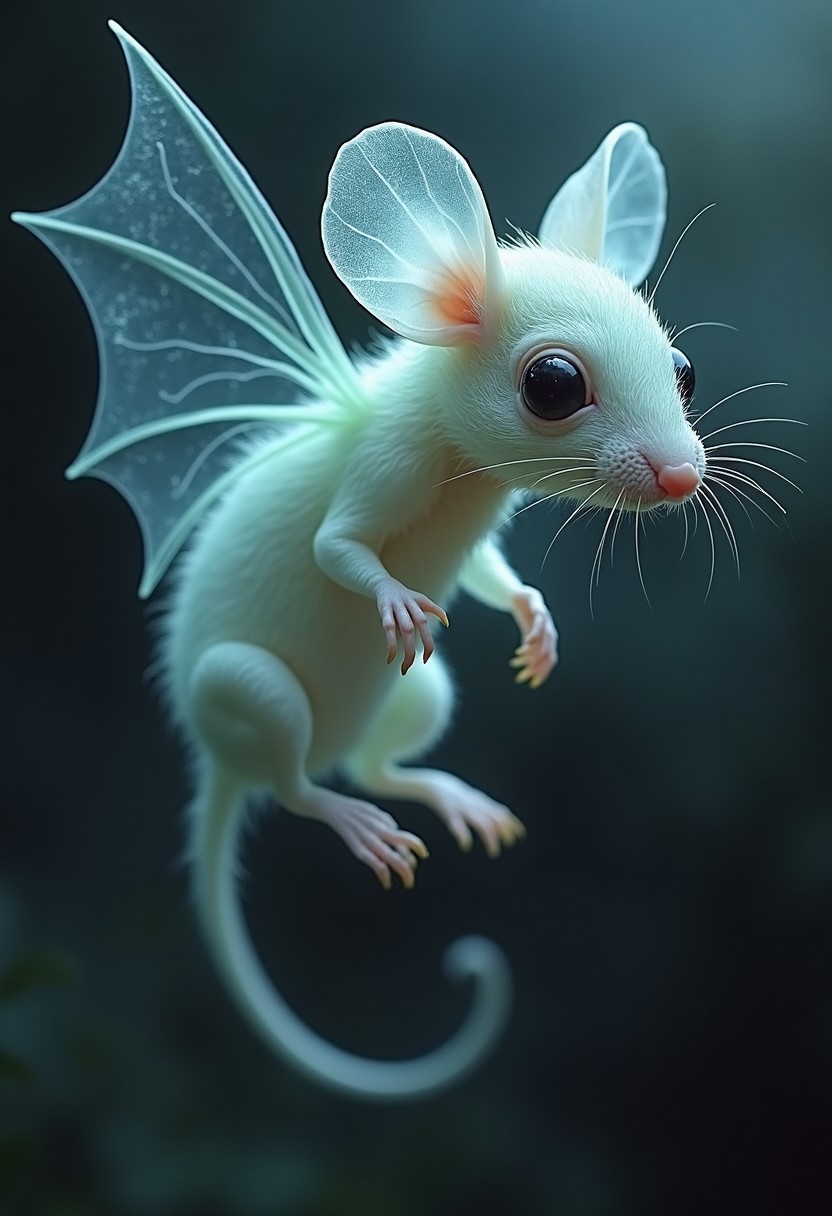 completely translucent chimera,  combining features of see through and a bat. The creature has the body of a mouse, with delicate, almost transparent skin that reveals faint outlines of its internal organs and bones. Its bat-like wings, also semi-transparent, extend from its back, showing intricate veins and a delicate membrane structure. The creature’s face is a blend of mouse and bat features: sharp bat ears, large mouse eyes, and a small, pointed snout. The chimera is depicted in a dark, misty environment, giving it an eerie, otherworldly appearance. The lighting highlights the translucent nature of the creature, casting soft glows through its wings and body.