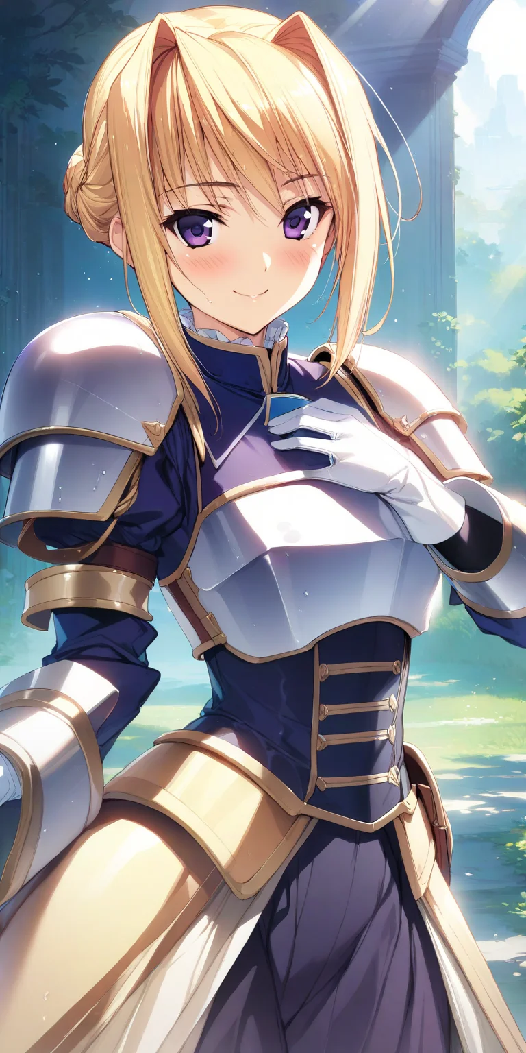 1girl, solo. sylvia_van_hossen, large breasts, blonde hair, purple eyes, hair bun, armor, gloves, sunbeam, blush, shoulder armor, pauldrons, white gloves, light rays, sunlight, wet, hair intakes, outdoors, sky, smile, single hair bun, day, cowboy shot, smile, <lora:XL-SylviavanHossen:1>, (masterpiece),(best quality),(ultra-detailed),(best illustration),(best shadow),(absurdres),(detailed background),(very aesthetic),