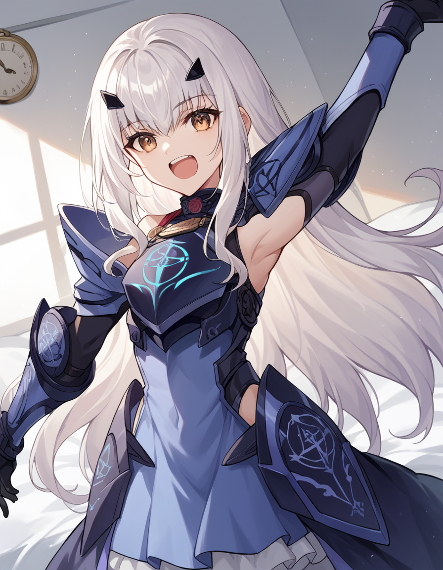 score_9, score_8_up, score_7_up, source_anime, <lora:fgo-melusine-ponyxl-lora-nochekaiser:1>, melusine, brown eyes, long hair, white hair, sidelocks,, armor, armored dress, black dress, black gloves, blue armor, blue dress, breastplate, dress, faulds, gloves, mask, pauldrons, short dress, shoulder armor,, bedroom, alarm clock, morning routine, yawning, stretching, on bed,, smile, , arm wrapped around someone, solo,, cowboy shot, dutch angle