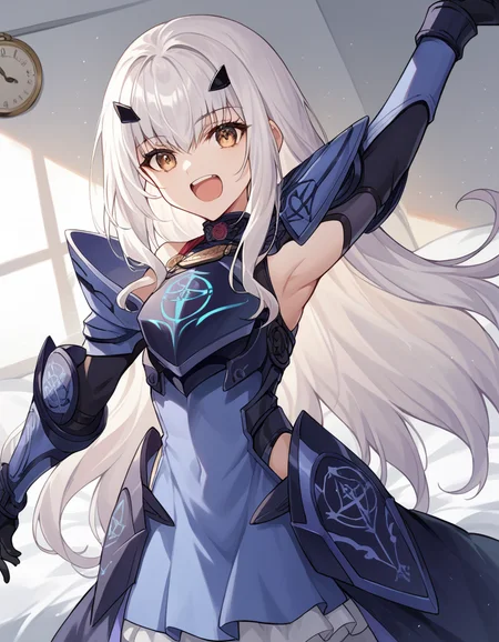 score_9, score_8_up, score_7_up, source_anime, <lora:fgo-melusine-ponyxl-lora-nochekaiser:1>, melusine, brown eyes, long hair, white hair, sidelocks,, armor, armored dress, black dress, black gloves, blue armor, blue dress, breastplate, dress, faulds, gloves, mask, pauldrons, short dress, shoulder armor,, bedroom, alarm clock, morning routine, yawning, stretching, on bed,, smile, , arm wrapped around someone, solo,, cowboy shot, dutch angle