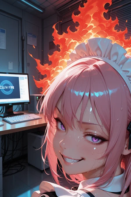 embedding:lazypos, CivChan, pink hair, purple eyes, maid outfit, looking back, server room, computers, servers on fire, computer on fire, floor on fire, evil grin, dark room, headshot, huge fire, sweating <lora:CivChan:0.5> <lora:TrendCraft_The_Peoples_Style_Detailer-v1.0A-3_13_2025-illustrious:0.2>