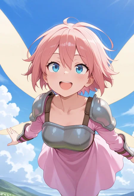 masterpiece,best quality,amazing quality, lily, short hair, pink hair, wings, fairy wings, fairy, blue eyes, 1girl, solo, open mouth, dress, sky, flying, cloud, pink dress, day, smile, collarbone, blue sky, armor, hair between eyes
