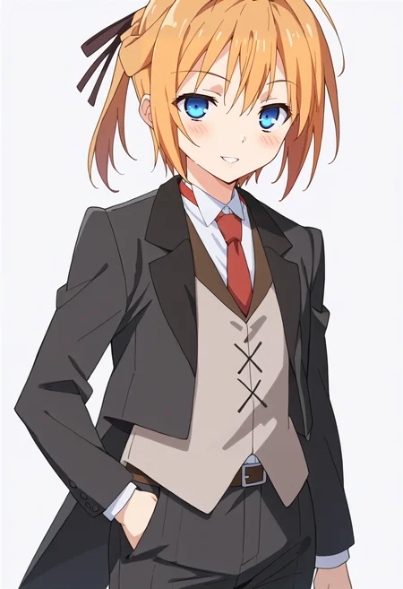 score_9, score_8_up, score_7_up, source_anime, rating_safe <lora:ksubaru_PONY-300007:0.95> ksubaru, 1girl, anime coloring, solo, short hair, short ponytail, hair ribbon,orange hair, blonde hair, ahoge,blue eyes, blazer, dress shirt,red necktie, vest, pants, formal, suit, belt, blush, half-closed eyes, evil smile, parted lips, looking at viewer, standing, cowboy shot,white background,