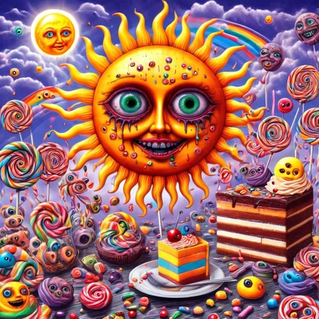Lisarank, creepy sun with creepy eyes floating over candy and cake, rainbows, cute, high quality, high resolution,