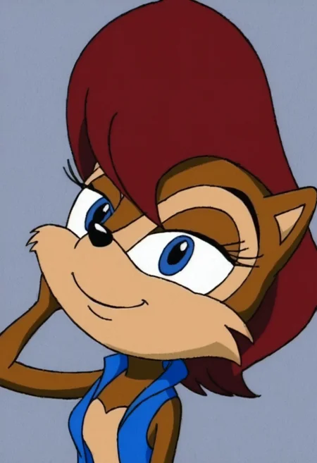 Sally Acorn, sonic character, sonic style, anthro, furry, 1girl, female, solo,
soft colors,
red brown hair, brown fur, blue eyes,
blue vest, 
smiling, ((bedroom eyes)),
looking at viewer,
headshot, head view,
dark lighting,
