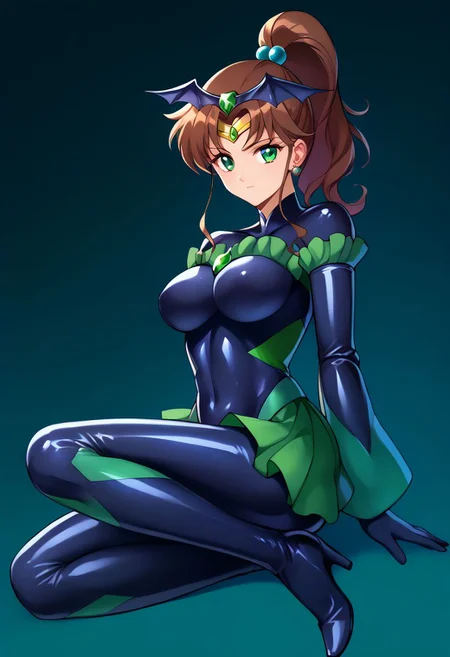 score_9,score_8_up,score_7_up, score_6_up, uncensored, source_anime, 5_fingers, 1girl, solo, black badend-bodysuit, badend-tiara, green frills, green skirt, green gem, latex bodysuit, zPDXL2, good_hands, full body, large breasts, by hiroyama_hirosh, csr style, sailor jupiter, brown hair, circlet, green eyes, hair bobbles, hair ornament, medium hair, ponytail, sidelocks, parted bangs, tall female