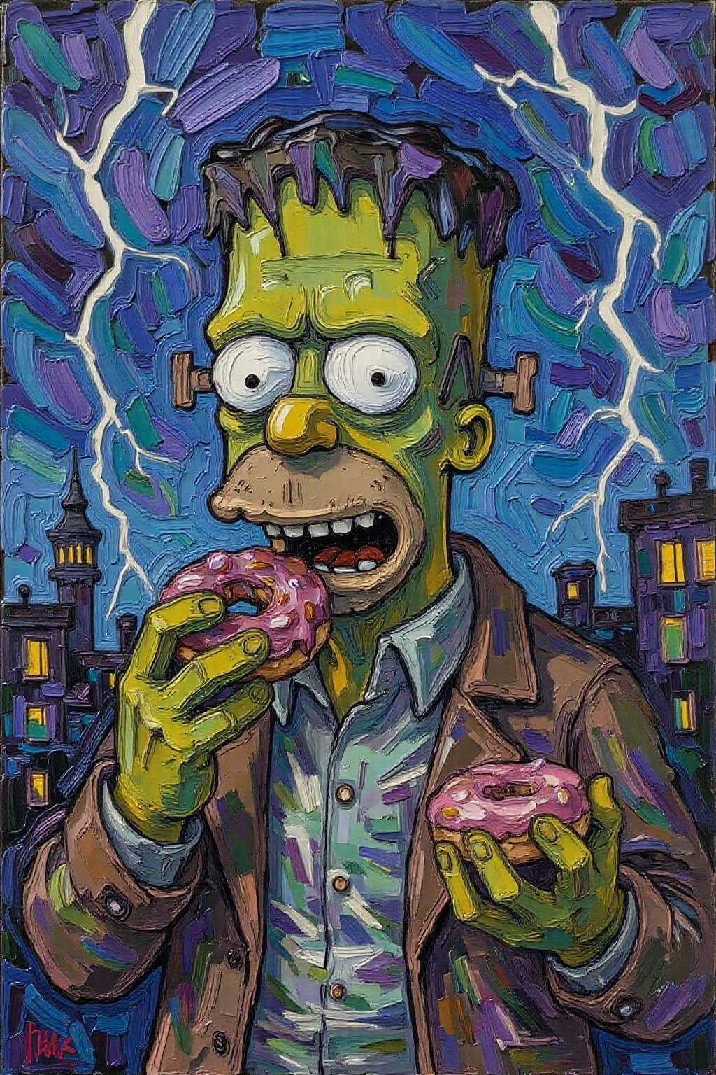 impasto oil painting. Homer Simpson dressed as Frankenstein, eating a doughnut during a thunderstorm <lora:Flux-Sch-SingleBlocks-BF16:1.0> <lora:impasto6_cap_d6a3e11:1.0><lora:804334421479029487:0>