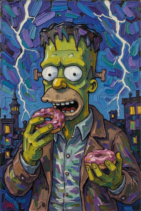 impasto oil painting. Homer Simpson dressed as Frankenstein, eating a doughnut during a thunderstorm <lora:Flux-Sch-SingleBlocks-BF16:1.0> <lora:impasto6_cap_d6a3e11:1.0><lora:804334421479029487:0>