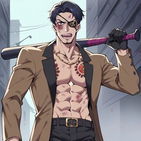 score_9, score_8_up, score_7_up, source_anime, rating_safe, solo, masterpiece, very aesthetic, absurdres, recent, anime screenshot, flat coloring, fair skin, <lora:majima-guy-PONYv1:0.75> majima, male focus, eyepatch, black hair, shirtless, dark tan jacket, black gloves, black pants, black shoes, tattoo, open clothes, majimadef, necklace, goatee, abs, (side shot:1.2), holding a black metal baseball bat in a jojo pose, crazy sadistic expression, crazy laugh with mouth open, eyes wide open, (wounded bruised on abs:1.3), nosebleed, ((nighttime:1.5)), in a city street alleyway, streetlights, shops and stalls in background, detailed background, <lora:ponyxl_concept-bruised_face:0.8> ryona, bruise, bruised face, bruise on face