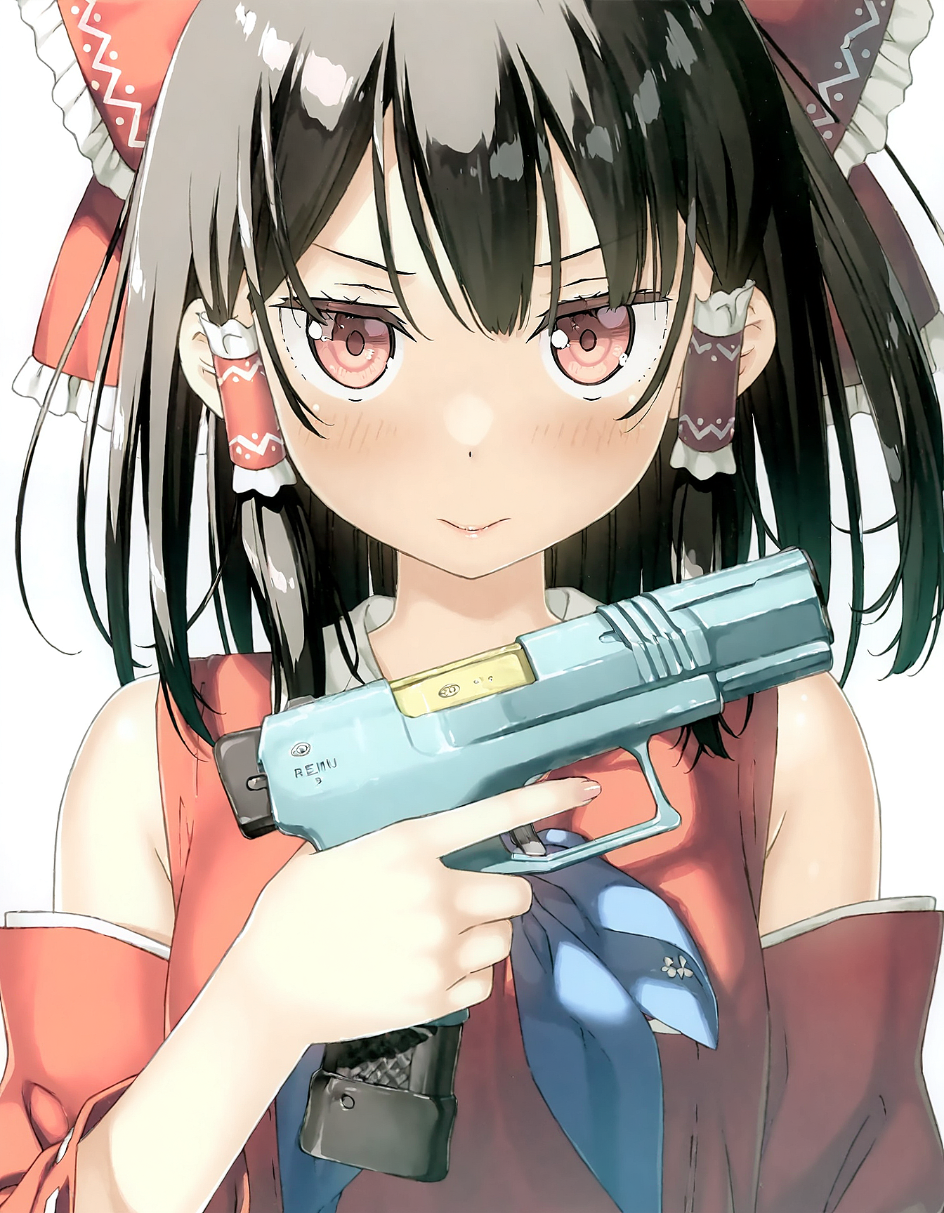 1girl, solo, hakurei_reimu, m-76e omaha, handgun, holding gun, upper body, straight-on, simple background, white background, best quality, masterpiece, kantoku, <lora:OWN/pops_cyb_m-76e_omaha-v007.safetensors:1.0>