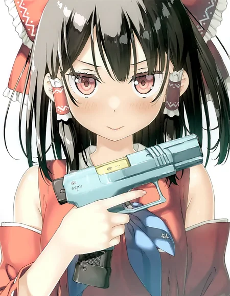 1girl, solo, hakurei_reimu, m-76e omaha, handgun, holding gun, upper body, straight-on, simple background, white background, best quality, masterpiece, kantoku, <lora:OWN/pops_cyb_m-76e_omaha-v007.safetensors:1.0>