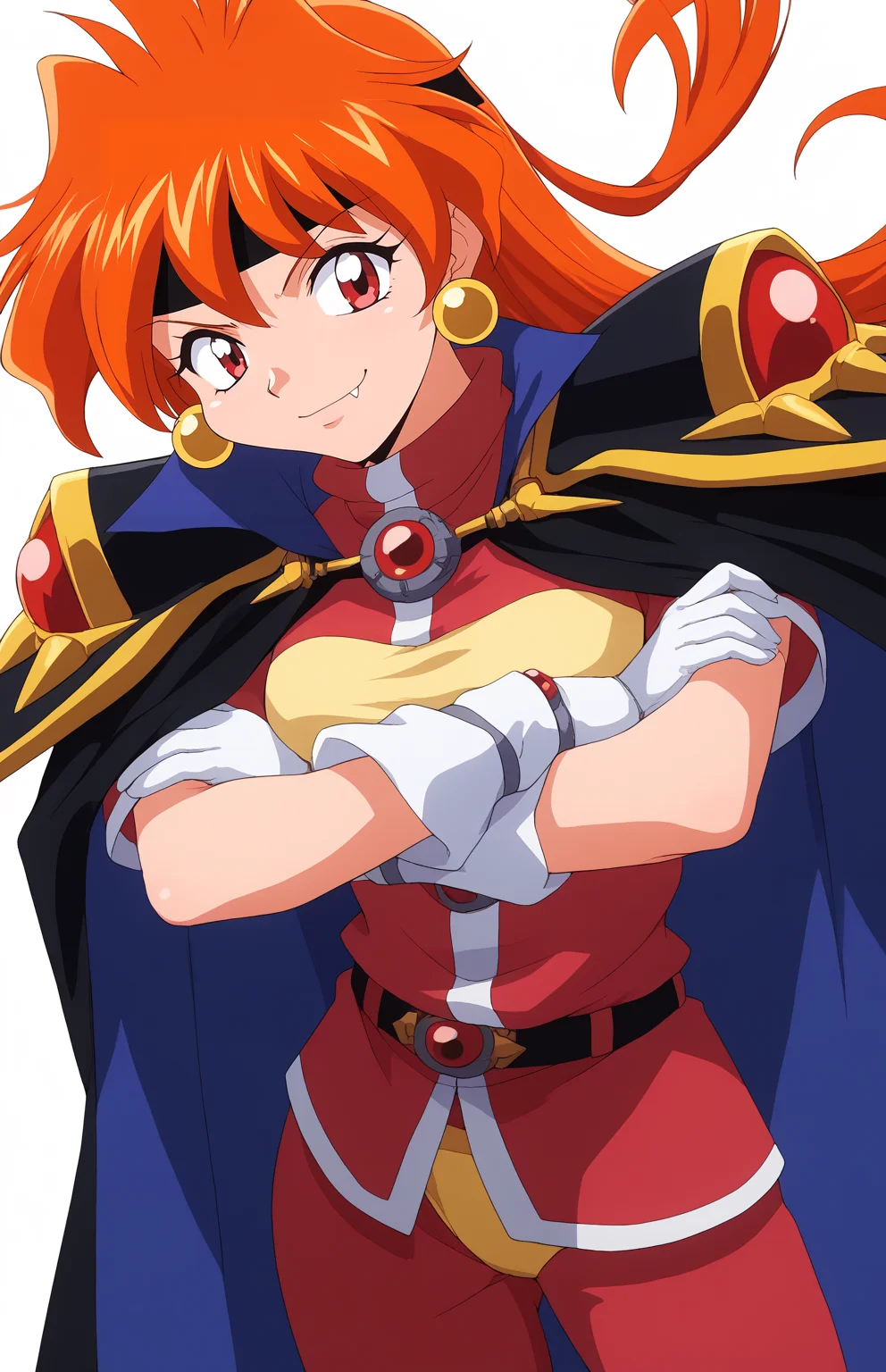 score_9, score_8_up, score_7_up, score_6_up, BREAK, source_anime, rating_explicit, masterpiece, best quality, detailed background
lina inverse, retro artstyle, 1990s (style), 1girl, orange hair, BIG EYES, red eyes, fang, earrings, jewelry, WHITE gloves, headband, turtleneck, short sleeves,black shoulder armor, cape, RED pants, belt, yellow underwear on pants, <lora:Lina_Inverse_Culty_PONYXL_r1:1> SMILE, angry, closed mouth, fang_out, FROM ABOVE, FEMALE FOCUS, DUTCH ANGLE, standing, crossed arms, looking at viewer, white background, simple background, spread leg, standing,