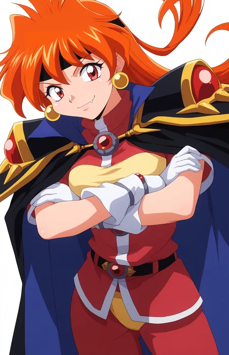 score_9, score_8_up, score_7_up, score_6_up, BREAK, source_anime, rating_explicit, masterpiece, best quality, detailed background
lina inverse, retro artstyle, 1990s (style), 1girl, orange hair, BIG EYES, red eyes, fang, earrings, jewelry, WHITE gloves, headband, turtleneck, short sleeves,black shoulder armor, cape, RED pants, belt, yellow underwear on pants, <lora:Lina_Inverse_Culty_PONYXL_r1:1> SMILE, angry, closed mouth, fang_out, FROM ABOVE, FEMALE FOCUS, DUTCH ANGLE, standing, crossed arms, looking at viewer, white background, simple background, spread leg, standing,